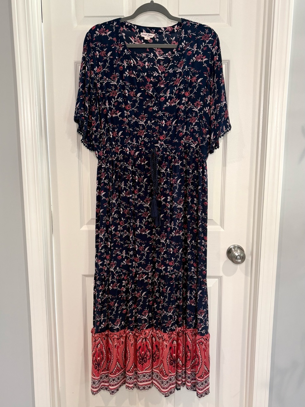 Violet Skies Boho Floral V-Neck Flowy Short Sleeve Navy Maxi Dress Women Size XL - Picture 4 of 15